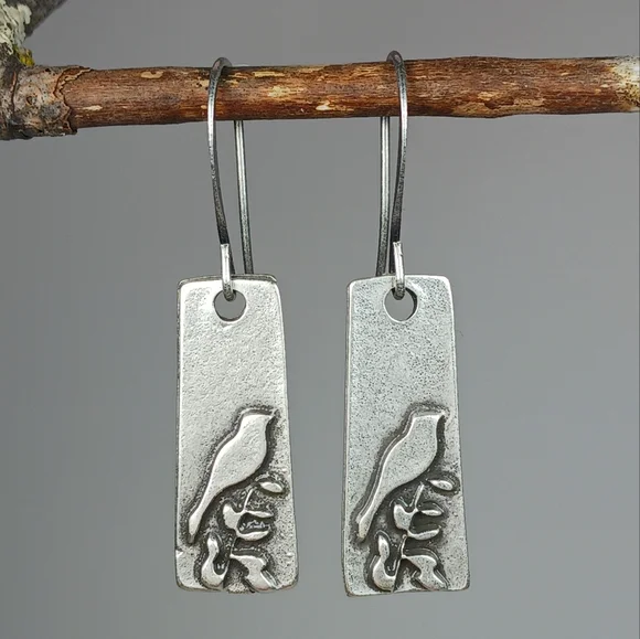 HAND CRAFTED EARRINGS Silver Rustic Bird Dangle Drop - Picture 2 of 5